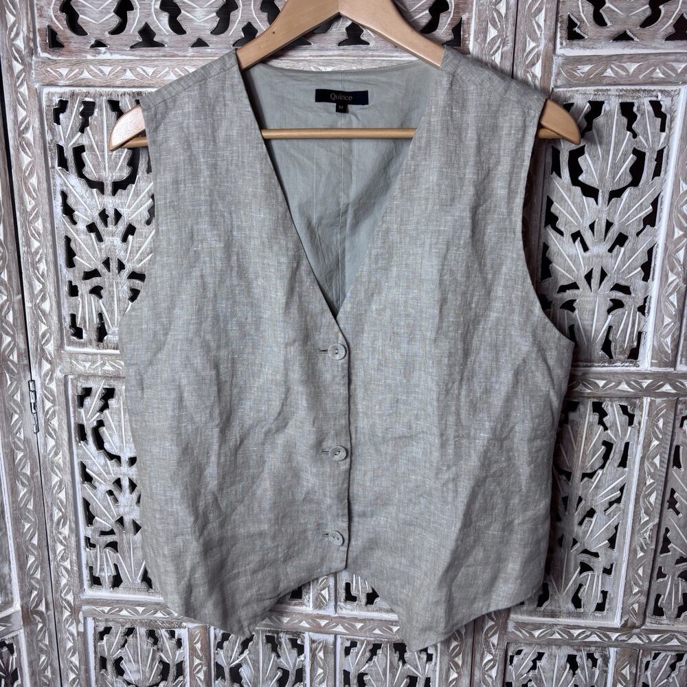Quince European Linen Vest Sand Womens Sz M Button Front Coastal Minimalist